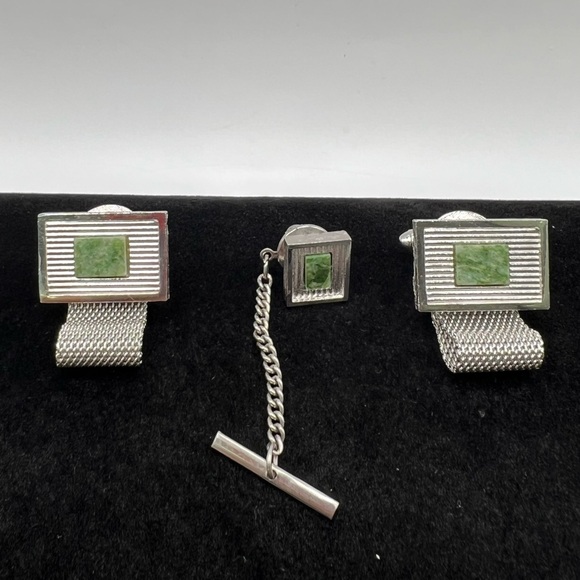 Vintage Dante Cuff Links Silver Tone Mesh Wrap Genuine Jade Stone - Picture 1 of 4
